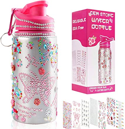Decorate & Personalize Your Own Water Bottle for Girls with Tons of Rhinestone Gem Stickers,Reusable BPA Free 20 oz Water Bottle for Kids,Fun DIY Art & Craft Toy Kit Gift for Girl Age 6-12