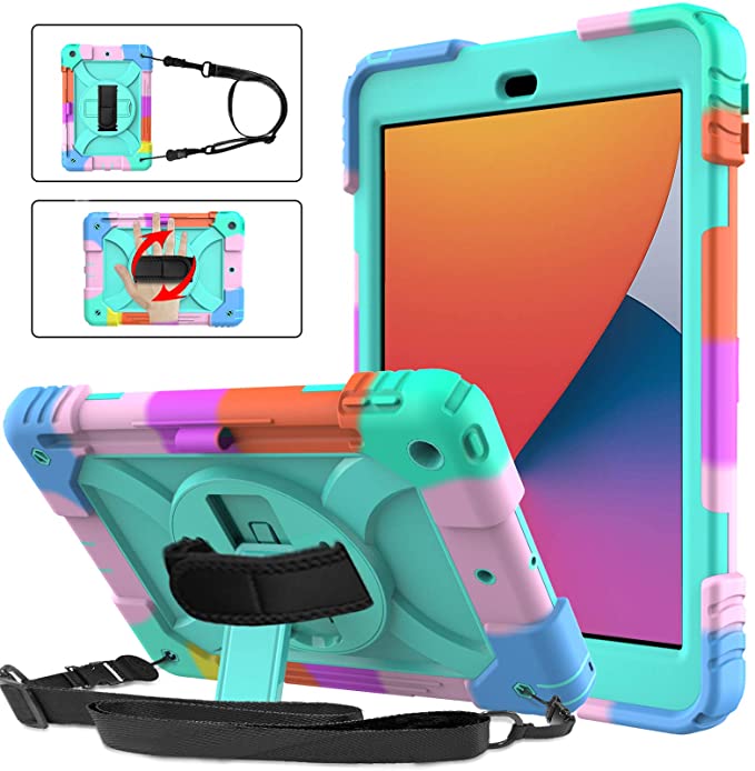 BMOUO iPad 8th Generation Case,iPad 7th Generation Case,iPad 10.2 Case,Three Layer Hybrid Shockproof [360 Rotating Stand] [Hand Strap] [Pencil Holder] Kids Case for New iPad 10.2 Inch 2020/2019-Turquoise