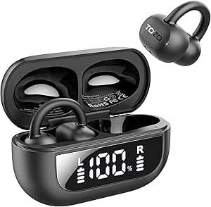 TOZO OpenEarRing True Open Ear Headphones, Lightweight Comfort Open Ear Clip Wireless Earbuds, Bluetooth 5.3 Headphones with Smart Digital Display Design Fit Sports Cycling, Running, Workout Black