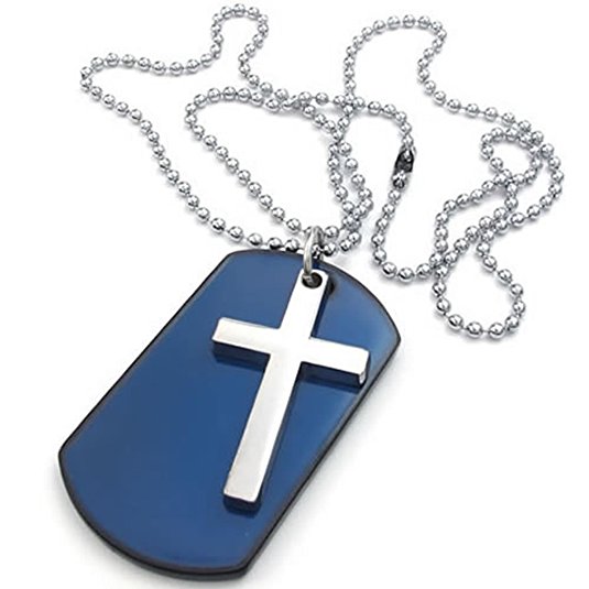 KONOV Mens Army Style Cross Dog Tag Pendant Necklace, 27 inch Chain, Blue Silver