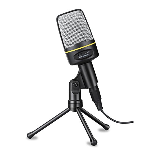 Excelvan 3.5mm Condenser Microphone with Volume Control and Tripod Stand, Broadcasting Recording Podcasting Gaming Studio Handheld Mic for Smart Phones, Laptops and Desktop, Black