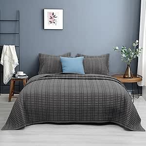 PHF Seersucker Quilt Set Full/Queen Size, Drop Nicely, 3PCS Washed Soft Bedspread, Modern Stylish for All Season, 1 Lightweight Textured Stripe Coverlet and 2 Pillow Cases, Charcoal/Dark Grey