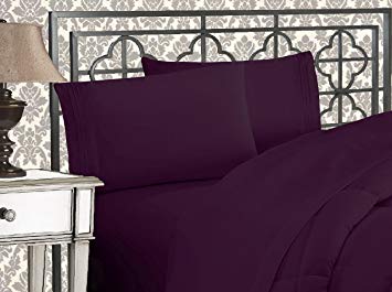 Elegant Comfort Luxurious & Softest 1500 Thread Count Egyptian Three Line Embroidered Softest Premium Hotel Quality 4-Piece Bed Sheet Set, Wrinkle and Fade Resistant, King, Eggplant-Purple
