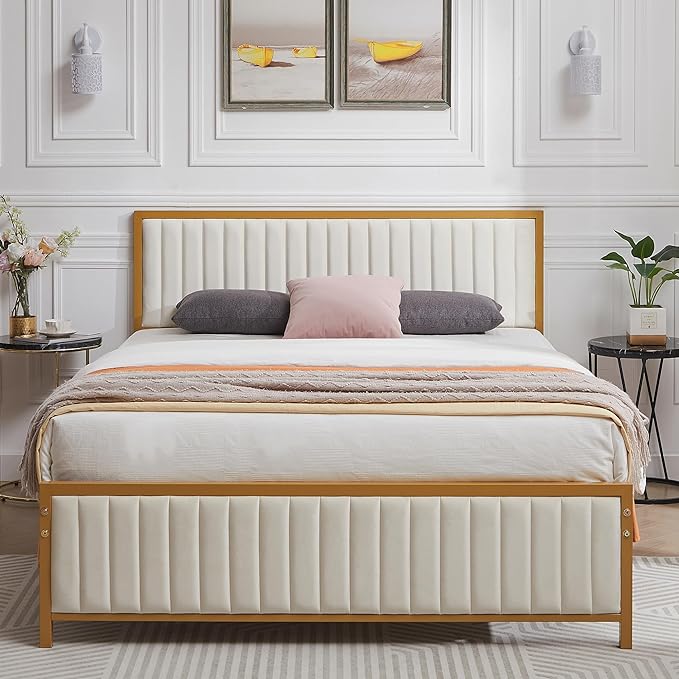 VECELO Full Size Bed Frame with Upholstered Tufted Headboard & Footboard, Heavy Duty Steel Slats Platform, No Box Spring Needed, Gold