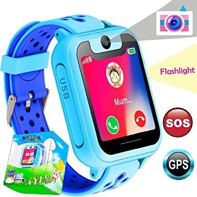 Kid Smart Watch GPS Tracker Wrist Phone Game Watch for Kids Boys Girls SOS anti-lost Alarm Remote Monitor with SIM Card Compatible for iOS Android Touch Screen Birthday Easter Gifts by iCooLive