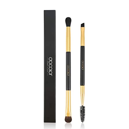 Docolor Duo Eyebrow Brush with Eyeshadow Brush, 2 Piece Professional Angled Eye Brow Brush and Spoolie Brush with Eye Shadow Brush and Blending Brush（Black/Golden）