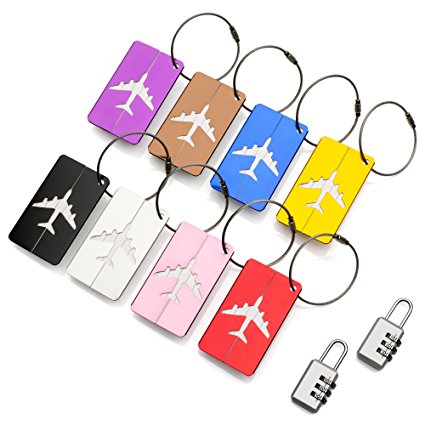 Travel Holiday Luggage Baggage Tags by ATA® – (8 Pack) ID Address Labels for Suitcase Handbags - Strong Aluminium Tags with locking cables in Bright Colours - Plus x 2 Combination Padlocks