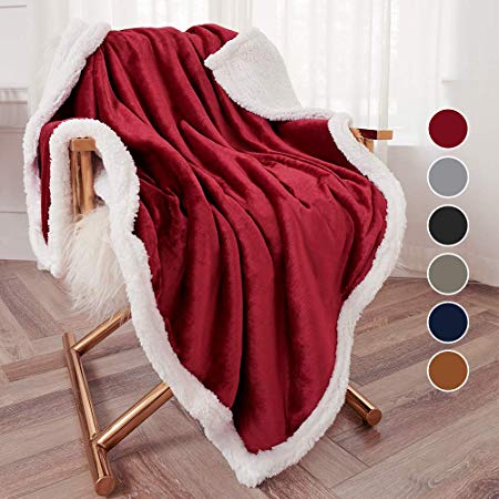 Bonzy Home Sherpa Throw Blanket, Flannel Throw Blanket Cozy Warm Sherpa Super Soft Fuzzy Fleece Blanket Lightweight and Washable 50＂x 60＂ Throw Size(Wine Red)