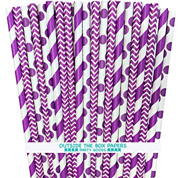Outside the Box Papers Purple Stripe, Chevron and Polka Dot Paper Straws 7.75 Inches 75 Pack Purple, White