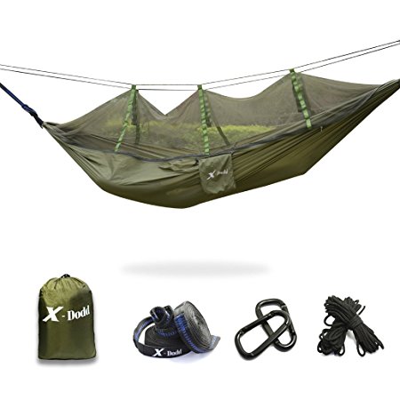 XDODD Single Parachute Hammock with Mosquito Net Nylon Fabric Quality 10 Foot Loop Tree Straps and Carabiners for Travel Camping Hiking Backpacking,98" x 68"