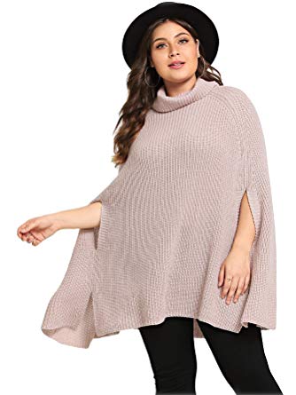 Romwe Women's Plus Size Oversized Rolled High Neck Cape Sleeve Jumper Sweater Top