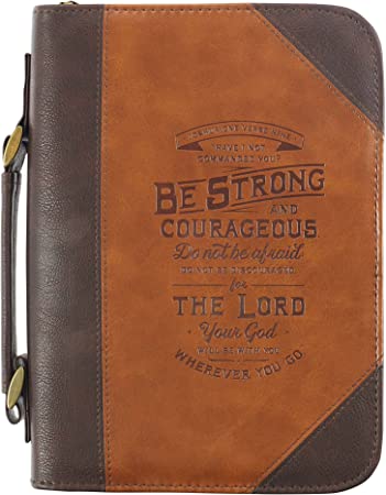 Christian Art Gifts Classic Bible Cover Be Strong and Courageous Joshua 1:9 Faux Leather, Saddle Tan/Brown, XL