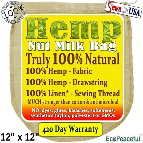 Hemp Nut Milk Bag - Truly 100% Natural. (Read our Fake Organic Warning) Designed For Moist Environments! Sewn with Linen Threads (naturally antibacterial). Most Durable Natural Strainer bag.