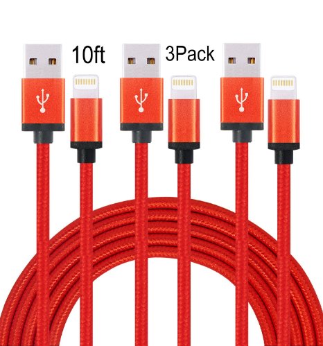 Suplink 3-PACK 10FT Extra long Cord 8 Pin Lightning to USB Charging Cables for iPhone SE/6/6s/6 plus/6s plus,5c/5s/5,iPad Pro/Air/Mini, iPod Nano/Touch (Red)