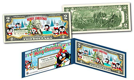 MERRY CHRISTMAS * PENGUINS * XMAS OFFICIAL Genuine Legal Tender U.S. $2 Bill