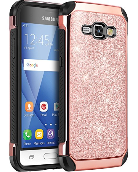 Galaxy Express 3 Case, Galaxy Luna Case, Galaxy J1 2016 Case, Galaxy Amp 2 Case, BENTBOEN Dual Layer Glitter Chrome Shockproof Protective Case for Samsung Galaxy J1 j120/Luna/Express 3/Amp 2,Rose Gold