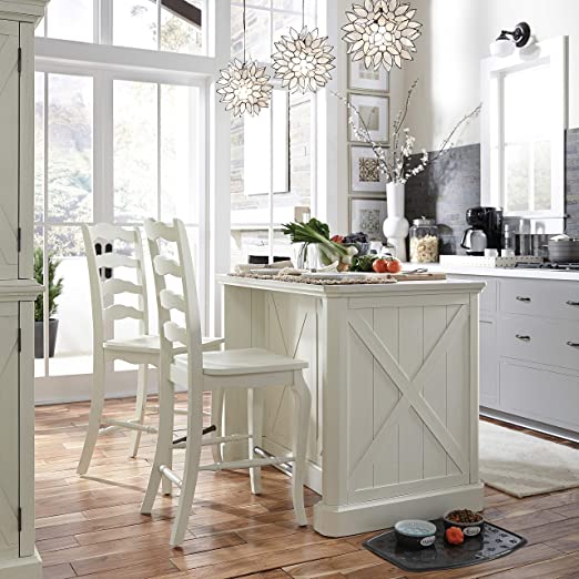 Home Styles Seaside Lodge White Kitchen Island and Two Stools with X Frame Pattern, Solid Poplar Wood Construction, Hand Rubbed White Painted Finish, Four Drawers, and Two Adjustable Cabinet Shelves