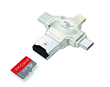 Wayona WR28S16 4-in-1 OTG Card Reader Connect with USB, Micro USB, Type C and Lightning Connector - with TF/Memory Card Included (16 GB, Silver)