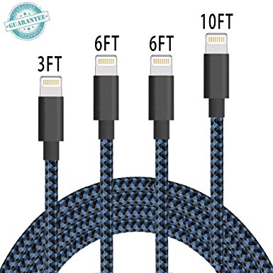 iPhone Cable DANTENG, 4Pack 3FT 6FT 6FT 10FT Extra Long Charging Cord - Nylon Braided USB Lightning Charger for iPhone 7,SE,5,5s,6,6s,6 Plus,iPad Air,Mini,iPod(Black Blue)