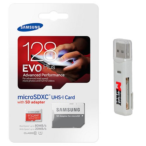 Samsung Evo Plus 128GB MicroSD XC Class 10 UHS-1 Mobile Memory Card for Samsung Galaxy S7 & S7 Edge with USB 2.0 MemoryMarket Dual Slot MicroSD & SD Memory Card Reader