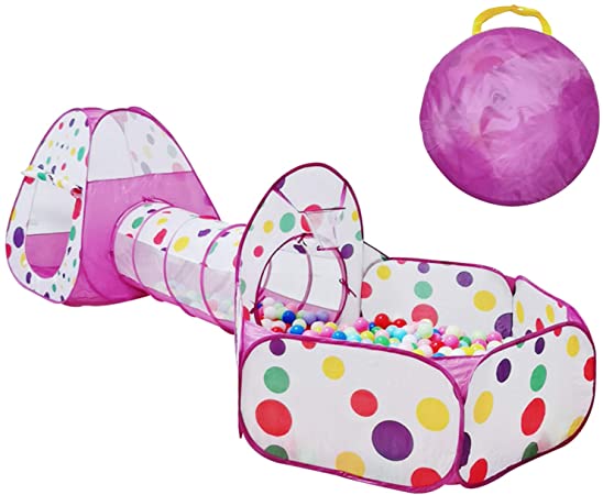 LEJIE 3pc Colorful dot Kids Play Tents Crawl Tunnel and Ball Pit with Basketball Hoop Playhouse Tent for Girls Boys for Outdoor and Indoor, Lightweight, Easy to Setup-Purple