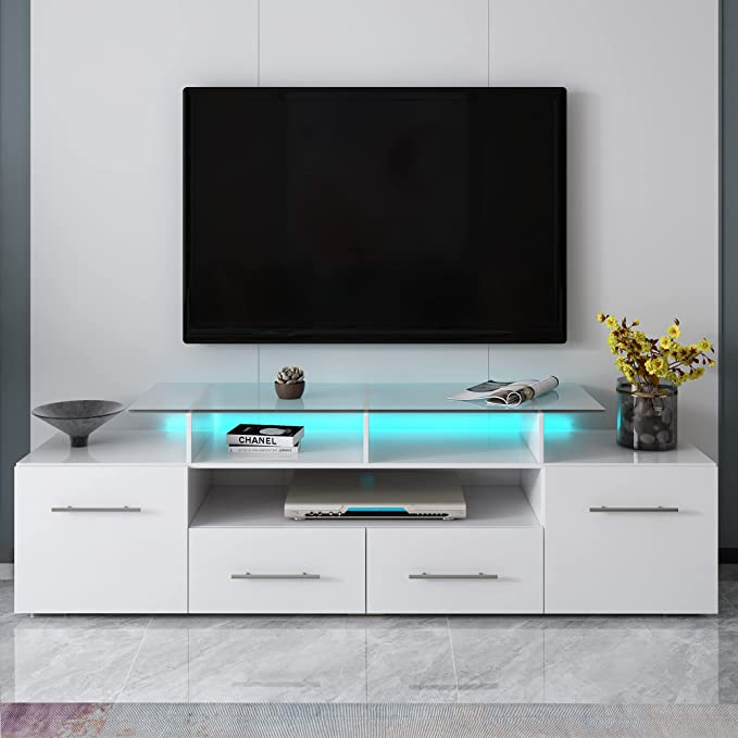 MTFY Modern LED TV Stand for 70 inch TV, High Gloss White Entertainment Center TV Cabinet with 16 Colors Light, Media Storage Console Cabinet with Storage Drawers for Living Room,Bedroom
