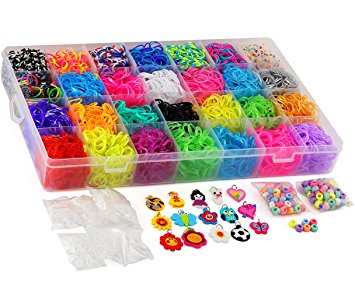 7500 Quality Rainbow Rubber Bands Refill Set by Daskid - Includes: Loom Organizer   7000 Premium Rubber Bands in 28 Different Colors,   400 S Clips,   15 Charms and 100 Beads.