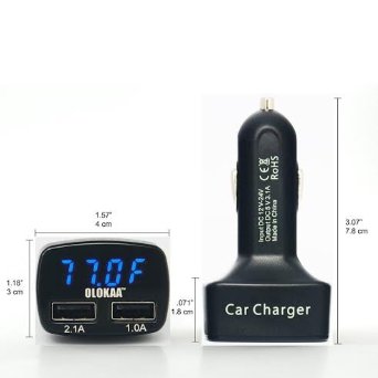 OLOKAATM DualFAV-31 Dual USB Car Charger with LED Display - Displays Voltage Amps and Internal