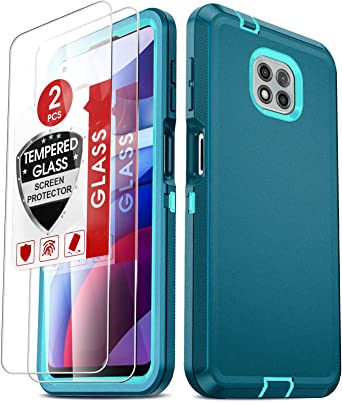 Moto G Power 2021 Case, Moto G Power Case 2021with [2 Pack] Tempered Glass Screen Protector, LeYi 3 in 1 Full Body Shockproof Rubber Dustproof Rugged Defender Protection Case Moto G Power, Teal Blue