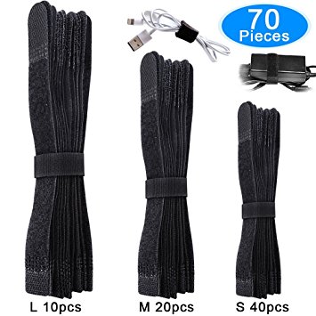 AUSTOR 70 pcs Fastening Cable Ties Reusable Cable Straps Black Hook & Loop Cable Ties in 11"x 0.8"/ 7"x 0.6"/ 6"x 0.5" for Bundling and Tidy