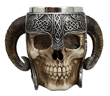 Atlantic Collectibles Viking Ram Horned Pit Lord Warrior Skull With Battle Helmet Beer Stein Tankard Coffee Cup Mug