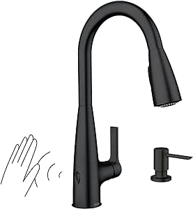 Moen Haelyn Matte Black Touchless Single-Handle Pull-Down Sprayer Kitchen Faucet with Soap Dispenser, Features Power Clean for a Faster Wash, 87627EWBL