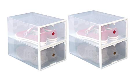 ITIDY Shoe-Boxes-Clear-Plastic,Shoe Box for Women and Men Size,Foldable Stackable Shoe Container,Closet Shelf Shoe Organizer,4pk,Large Size,Clear with White Frame