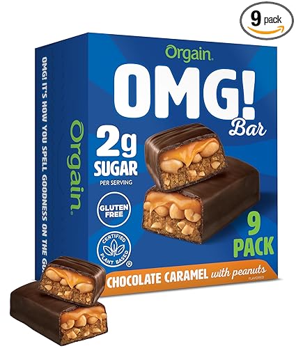 Orgain OMG! Bar, Snack Bar with Chocolate Caramel and Peanuts, Plant-Based, Vegan, Gluten Free, No Artificial Sweeteners, (9 Count)