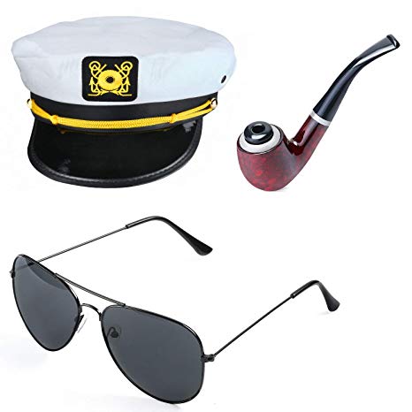 Beelittle Yacht Captain Hat Costume Accessories Set Sailor Hat with Corn Cob Pipe & Aviator Sunglasses