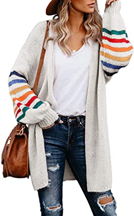 Dokotoo Women's Long Open Front Cardigans Striped Color Block Loose Knit Sweaters Outwear Coat