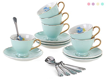 Jusalpha Fine China Coffee Bar Espresso small Cups and Saucers Set TCS02 (3 OZ Set of 6, Light Blue)