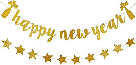 Gold Glitter Happy New Year Banner and Twinkle Stars Garland - 2023 New Years Banner New Year Eve Banner 2023 for Happy New Year Party Decorations 2023, New Years Eve Party Supplies 2023