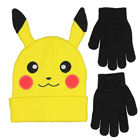 Bioworld Novelty Pokemon Pikachu Ear Youth Beanie With Black Mittens