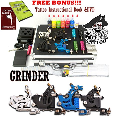 GRINDER Complete Tattoo Kit by Pirate Face Tattoo / 4 Tattoo Machine Guns - Power Supply / 7 Ink by Radiant Colors - Made in the USA / LCD Power Supply / 50 Needles / PLUS Accessories