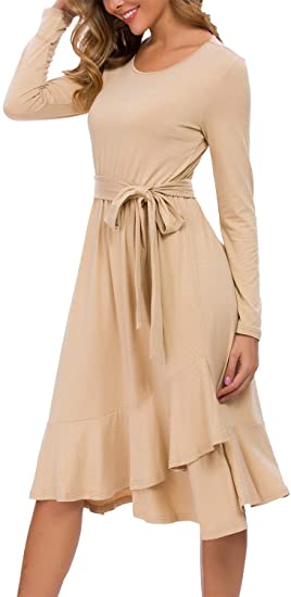 levaca Womens Petite Long Sleeve Modest Midi Work Casual Belt Dress Apricot S