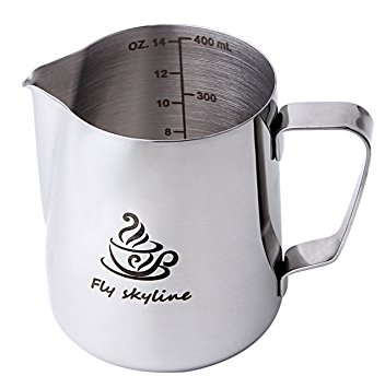 Fly Skyline Stainless Steel 14oz Milk Frothing Pitcher, Measurements Inside the Pitcher While Enjoying Precise Pouring & a Comfortable Handle(14 Ounces)