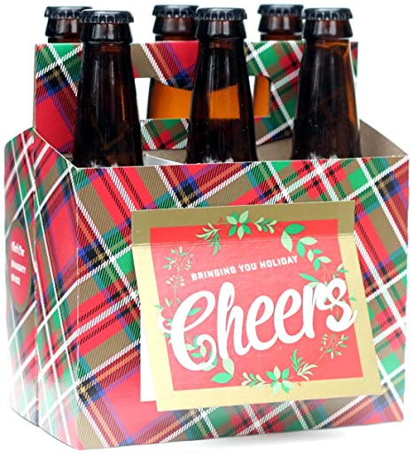 Holiday Beer Lovers Gifts - 6 Pack Beer Carrier Greeting Cards (Set of 4) in Holiday Plaid Design - Best Christmas Gifts for Men, Office Christmas Party, Corporate Holiday Gifts, Holiday Gifts for Dad