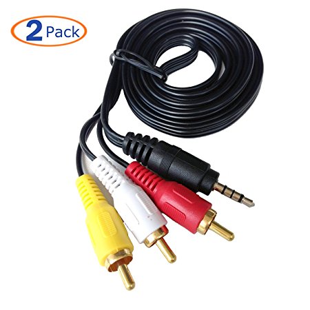Conwork 2-Pack Gold Plated 4-Pin 3.5mm Stereo Male to 3 RCA Male Splitter Extension Cable for Audio Video AUX Port - 5 feet