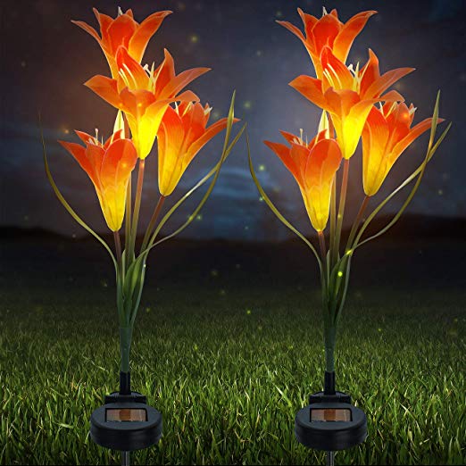 Sorbus LED Flower Light Lily Stakes, 2 Pack Solar Multi-Color Changing 8 LED Outdoor Garden Flowers, Lawn, Garden, Patio, Night Lighting, Path Walkway, Gravestones, Wedding, (2 Orange Color Changing)