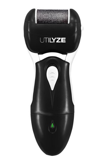 UTILYZE Rechargeable Electronic Foot File Pedicure Electric Callus Remover With Turbo-Boost Motor & Charge Light Indication - 2 Extra Coarse & 1 Fine Coarse Roller Included - New Packaging (Black)
