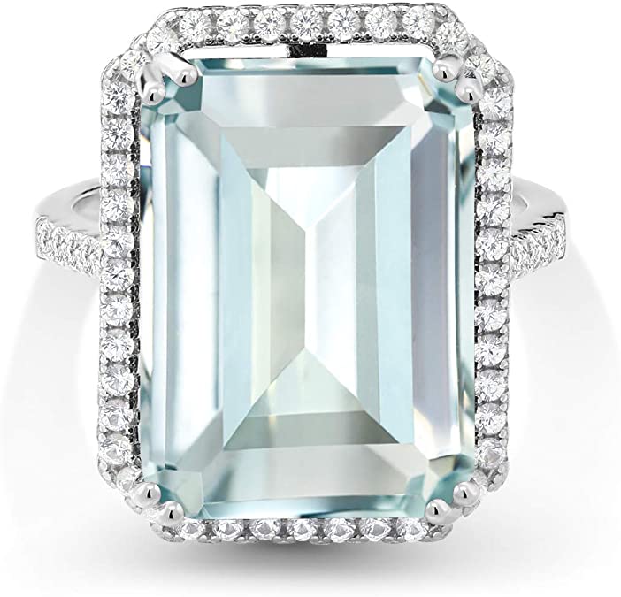 Gem Stone King 925 Sterling Silver Sky Blue Simulated Aquamarine Women's Engagement Ring (18X13MM Emerald Cut, 16.30 Cttw, Available in size 5, 6, 7, 8, 9)