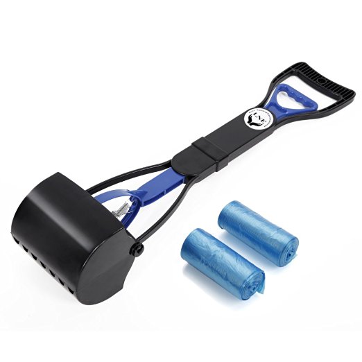 LNE Best Long Handle Portable Pooper Scooper for Dog Cat Jaw Claw Rake Metal Springs Great in Grass Snow Dirt Cement Perfect for Small Medium Large Pets with Two Bonus Leak Proof Blue Bags