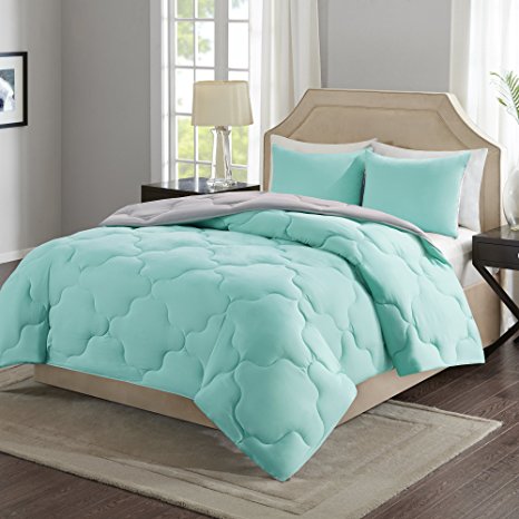 Comfort Spaces – Vixie Reversible Down Alternative Comforter Mini Set - 2 Piece – Aqua and Grey – Stitched Geometrical Pattern – Twin/Twin XL size, includes 1 Comforter, 1 Sham