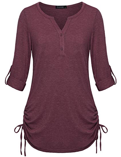 FANSIC Womens Casual Long Sleeve Blouse Tops,3/4 Sleeves Adjustable Drawstring Sides Shirring Henley Shirts